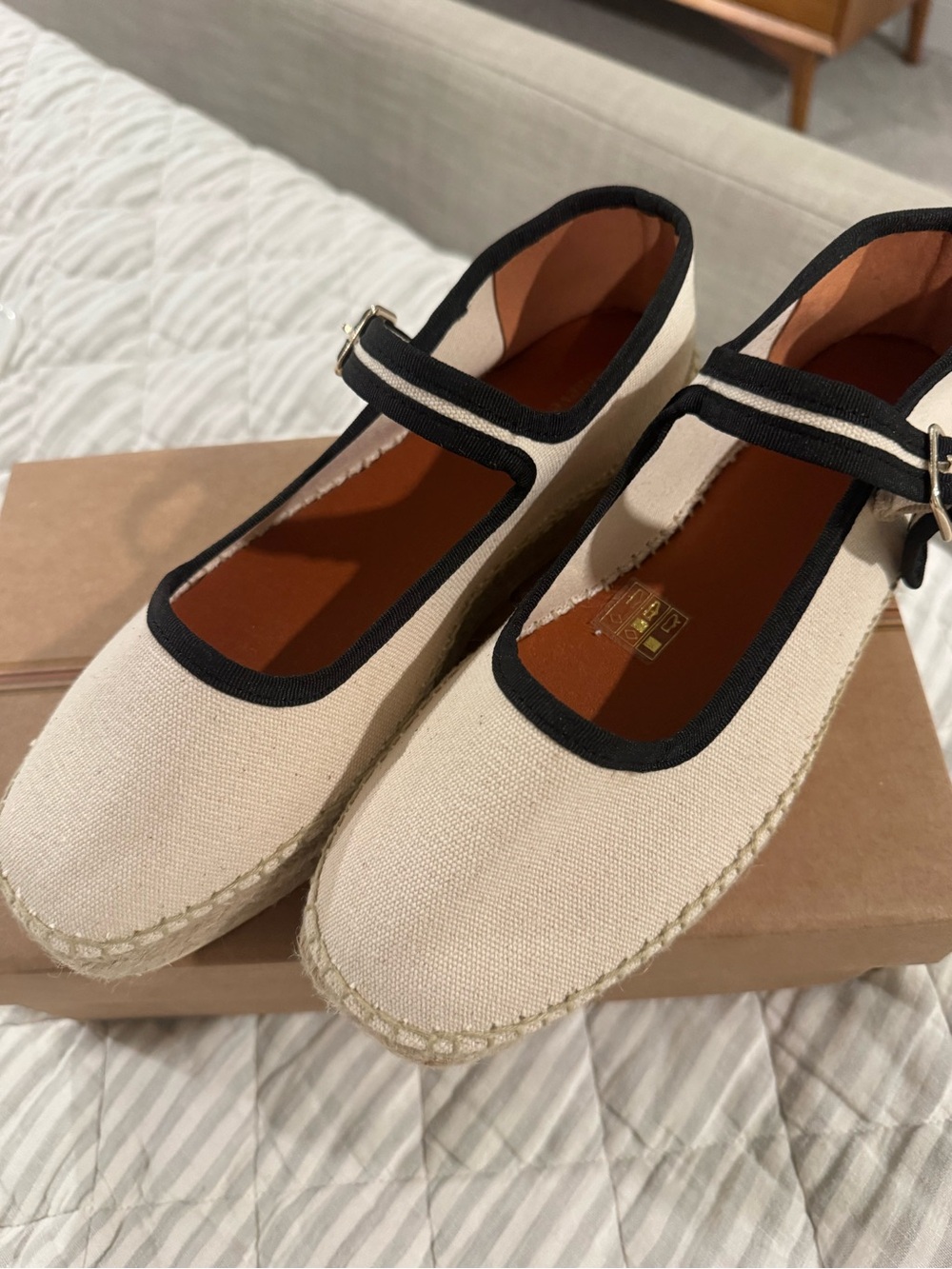 Maeve Cream Espadrille Mary Jane Flats with Black Trim - Picture 3 of 8
